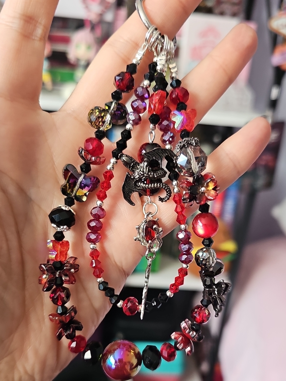 Handmade Red and Black Beaded Dragon Charm Phone Charm